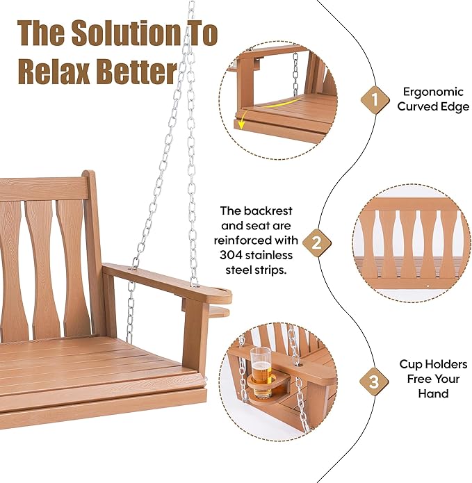 HIPS All-Weather Outdoor Hanging Porch Swing,2 Seat Hanging Swing Bench with Cup Holders,Patio Swing Chair with Hanging Chains for Courtyard & Garden CONGFUTT