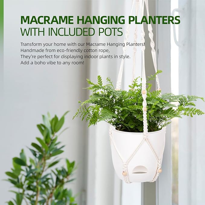 2-Pack 5.7-Inch Self-Watering Hanging Planters for Indoor & Outdoor Plants,34Inch Macrame Hanger Plant Pots Indoor with Drainage,Small Hanging Planters & Baskets,With Two Sets of Hooks（Pure white） QCQHDU