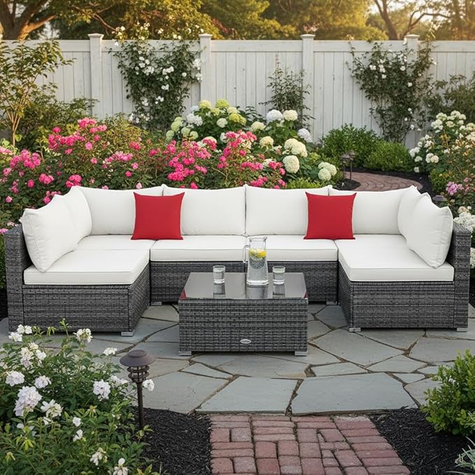 Tangkula 7 Pieces Wicker Patio Furniture Set, All-Weather Outdoor Rattan Sectional Sofa Set with Cushions & Tempered Glass Coffee Table, Outside Sofa Set for Garden, Lawn, Deck, Backyard (White) TANGKULA