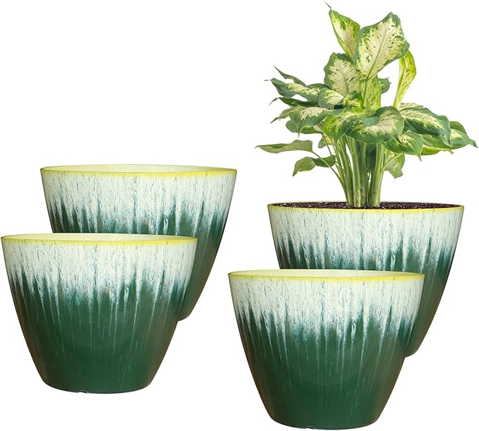 8 inch Plant Pots with Drainage Holes, Pack of 4 Plastic Flower Pots Indoor, Modern Glossy Finishing Planter for Indoor Outdoor Plants (Green Glaze, 4 Pack) LesOasis