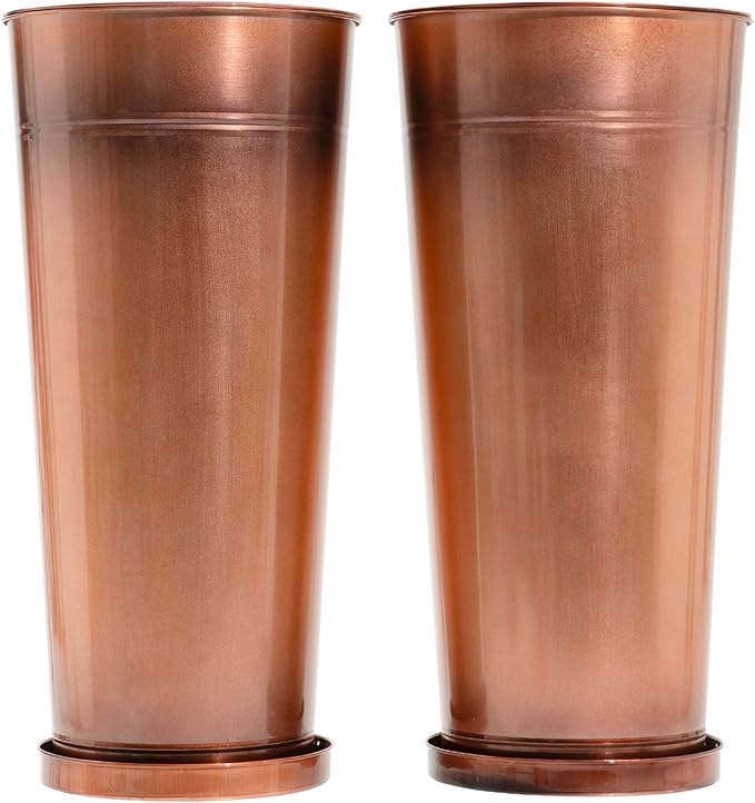 28in Tall Copper Planters Set of 2,Galvanized Steel Tall Outdoor Planter for Indoor/porches- Copper Color(2planters,2inner pots with Holes,2trays) Ultiteque