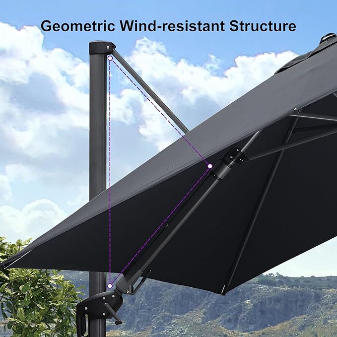 PURPLE LEAF 9.8' X 9.8' Tilting Patio Umbrella with Base Outdoor Cantilever Swivel Square Umbrella with Tilt Aluminum Offset Umbrella with 360-degree Rotation for Garden Deck Pool Patio Grey PURPLELEAF