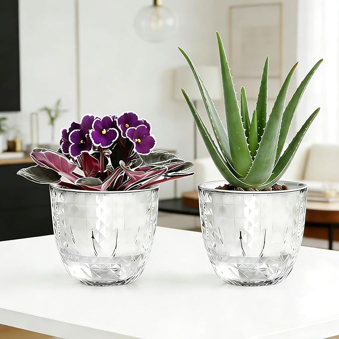 2 Pack 6 inch Self Watering Pots Planters for Indoor Plants, African Violets Pots with Wick Rope, Modern Plastic Nursery Pots for All House Plants,Flowers Succulents,Herbs,Cactus,Orchids XKYQSY