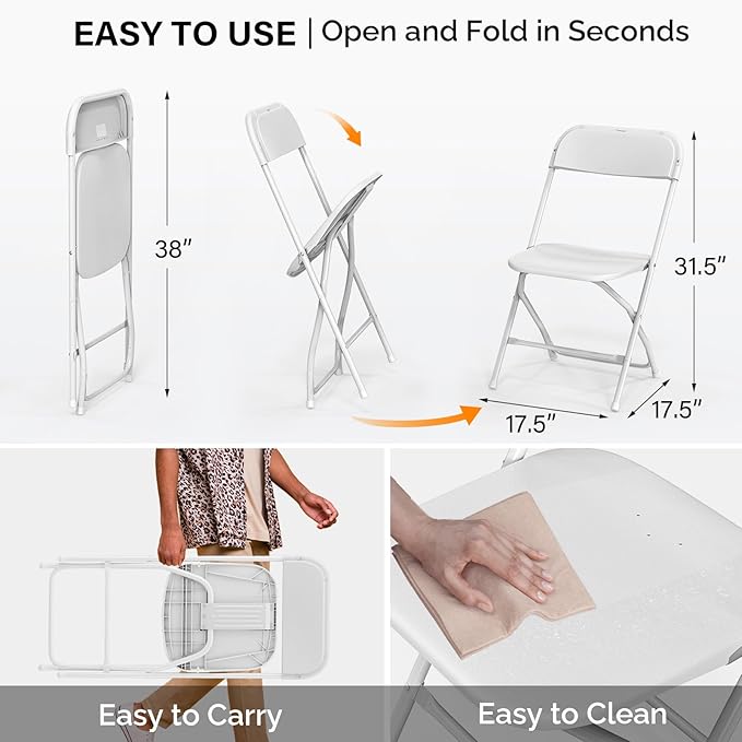 VINGLI 1 Pack White Plastic Folding Chair, Indoor Outdoor Portable Stackable Commercial Seat with Steel Frame 350lb. Capacity for Events Office Wedding Party Picnic Kitchen Dining VINGLI