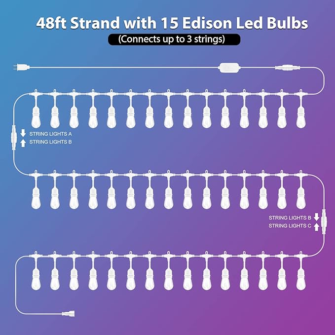 Mlambert 96Ft(2x48ft) Outdoor Patio Lights, RGB Cafe String Lights with Remote Control and 30+5 Dimmable LED Bulbs for Backyard Graden-White 2 Pack Mlambert
