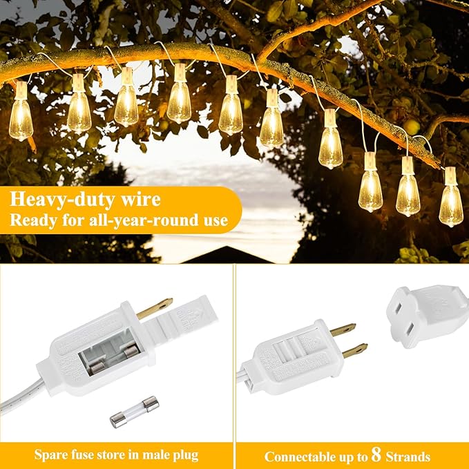 Brightever LED Outdoor String Lights,100FT Patio Lights with 52 Shatterproof ST38 Vintage Edison Bulbs 2700K Dimmable, Outside Hanging Light Waterproof for Porch Deck, Garden, Backyard, Balcony White Brightever