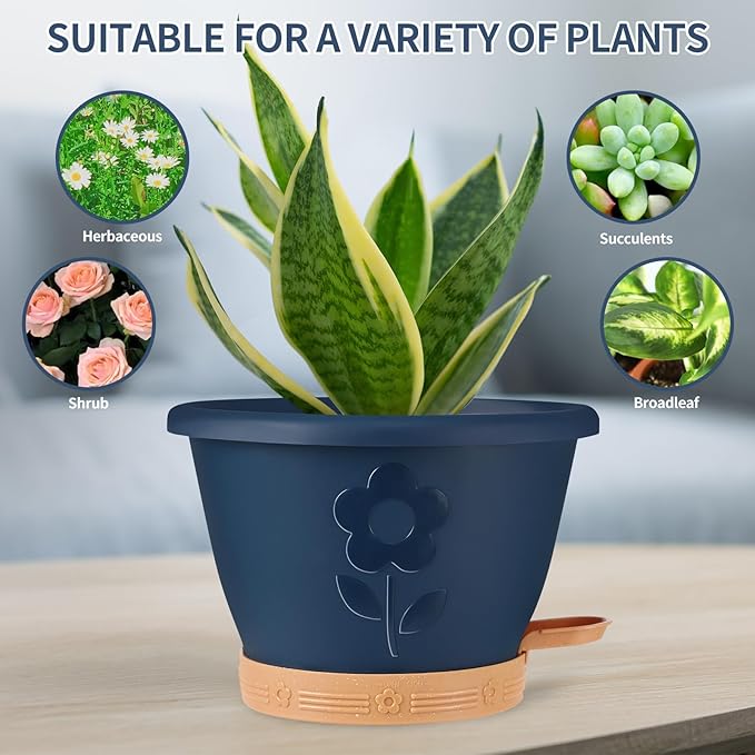 Plastic Plant Pots 10 Inch Set of 4, Self Watering Pots with Drainage Holes, Saucer & Reservoir, Flower Pots for Indoor/Outdoor Plants, Decorative Nursery Planting Pots (Multicolor) gegemaoyi