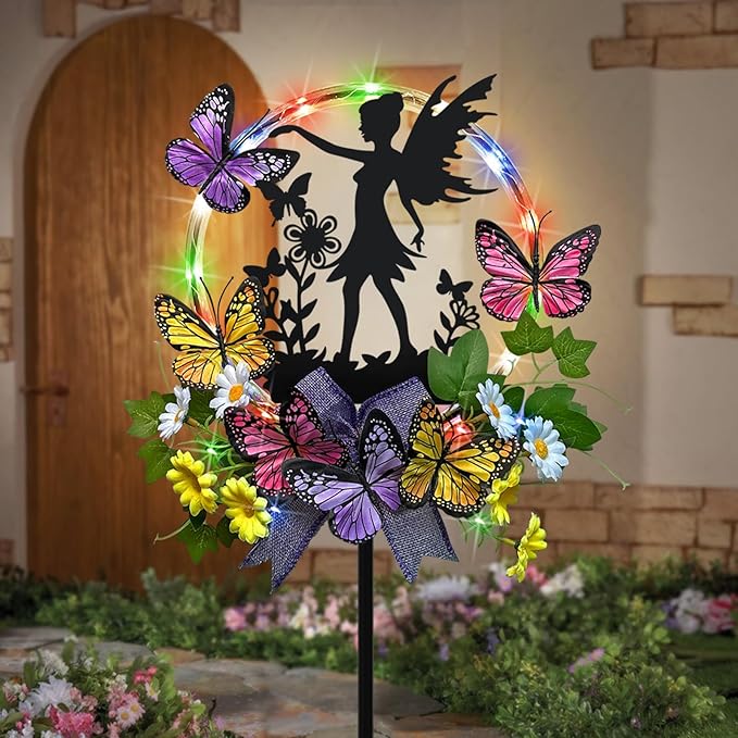 Solar Fairy Garden Decor, Silhouette Fairy with Butterflies Garden Stake,Waterproof for Outside,Walkway,Yard,Lawn,Patio HokfirmHomeDecorGarden