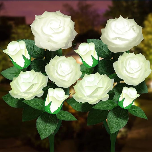 Solar Flower Lights Outdoor - Upgraded New Material Two Modes Realistic LED Solar Powered Waterproof Lights with 5 Roses, Solar Decorative Stake Lights for Garden (White, 2 Pack) LightYourLife