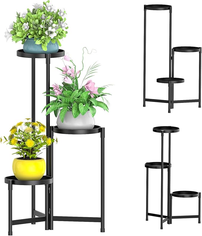 MOKANI Metal Plant Stand Indoor Outdoor for Multiple Plants, 3 Tiered Folding Corner Shelf Tall Flower Pot Holder Display Rack for Patio Living Room Balcony Garden, Black Mokani