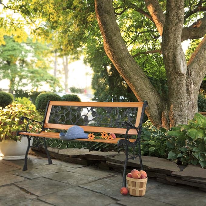 VINGLI Outdoor Bench Metal Garden Bench, Wood Patio Benches w/PVC Backrest Cast Iron Love Seat Park Benches for Porch Yard (Rose) VINGLI