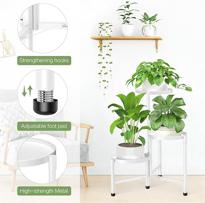 3 Tier Metal Corner Plant Stand Indoor Outdoor, Heightened widened 30 in Tall Multiple Flower Pot Display Holder, Iron Plant Rack Organizer for Living Room Garden Patio Balcony Office White ZOXILEN