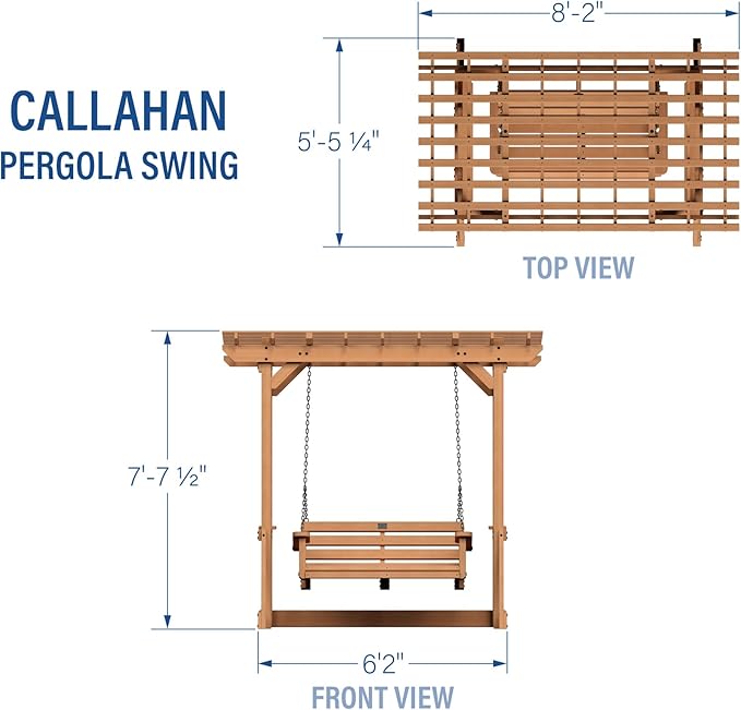 Backyard Discovery Callahan 8' x 5' Cedar Wood Outdoor Patio Pergola Swing Bench with Trellis, Two-Person Seating, Chains, Water Resistance, 600 Lb Weight Capacity for Porch, Patio, Deck, Garden BackyardDiscovery