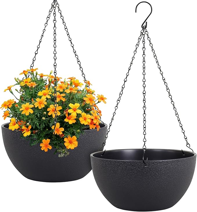 12 inch Large Hanging Planters for Indoor Outdoor Plants, 2 Pack Hanging Flower Pots with Drainage Holes and Chain for Garden Porch, Plastic Hanging Baskets for House Plants, Black Meowell