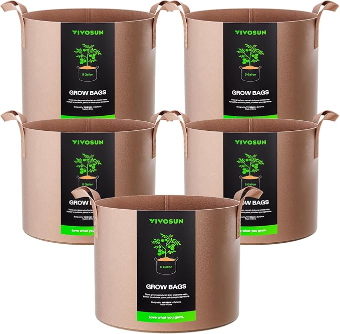 VIVOSUN 5-Pack 5 Gallons Grow Bags Heavy Duty Thickened Nonwoven Fabric Pots with Strap Handles Tan VIVOSUN