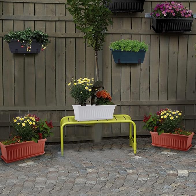 GREANER Plastic Flower Boxes Rectangle, 6 Pack Large Long Planter 16.9x7.48Inch Modern Thicken Vegetable Plant Pot with Tray for Garden, Kitchen, Houses, Offices, Balcony, Outdoor Indoor Use - White GREANER