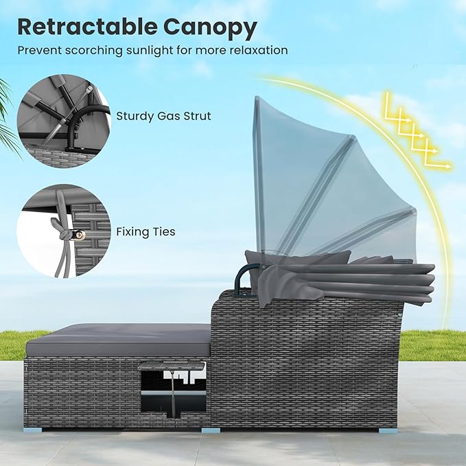 Tangkula Patio Rattan Daybed with Retractable Canopy, Outdoor Wicker Sunbed Lounger with 2 Foldable Side Tables, Thick Seat & Back Cushions, Outside Double Daybed for Garden, Backyard, Porch, Grey TANGKULA