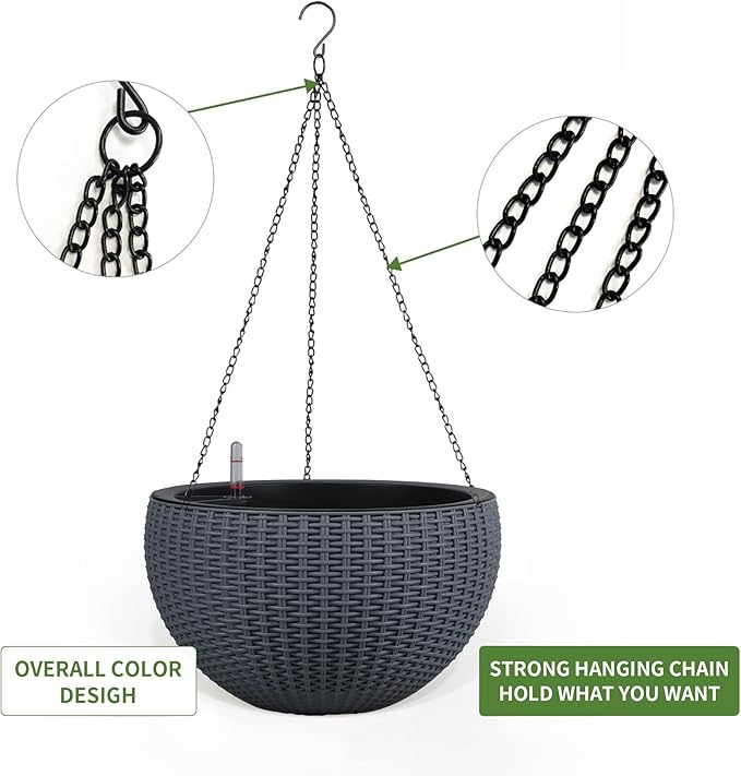 Dexceder 13.5 Inch Large Self Watering Hanging Planters Indoor Outdoor, Thickened Hanging Basket Flower Plant Pot with Water Level Indicator (Gray) Dexceder