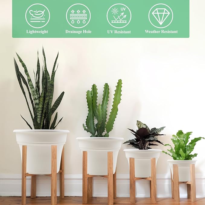 16 inch Plastic-Flower-Pot-for-Indoor-Plants, 4 Pack Large Outdoor Planter Pot with Drainage Holes & Saucers, Resin Decorative Garden Pots Planters Pottiffe