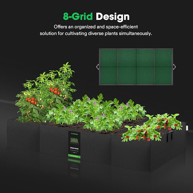 VIVOSUN 8-Grid 129 Gallon Plant Grow Bags, Large Fabric Raised Garden Bed with 400G Thickened Breathable Fabric, Reinforced Handles & 10 Pcs Plant Labels for Flowers, Vegetables, Fruits VIVOSUN
