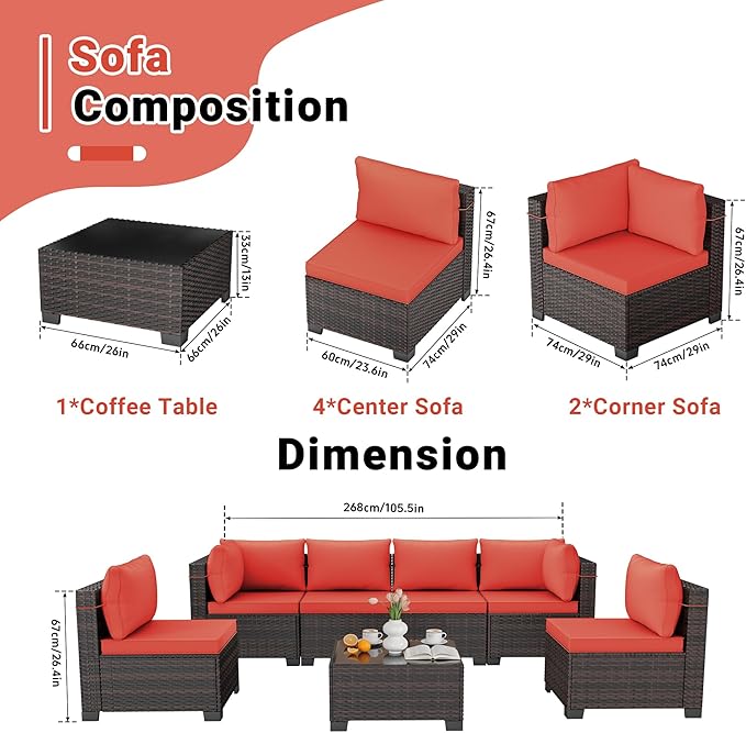 LEVELEVE 7 Pieces Outdoor Patio Furniture Sets,Rattan Conversation Sectional Set,Manual Weaving Wicker Patio Sofa with Tea Table Enjoyyourlife