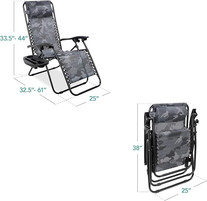 Best Choice Products Set of 2 Adjustable Steel Mesh Zero Gravity Lounge Chair Recliners w/Pillows and Cup Holder Trays - Camoflage BestChoiceProducts