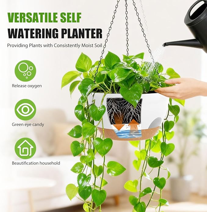 8 Inch Hanging Planters for Indoor Outdoor Plants, 4 Pack White Brown Plastic Self Watering Hanging Baskets with Drainage Holes and Chain for Garden Porch SQKH