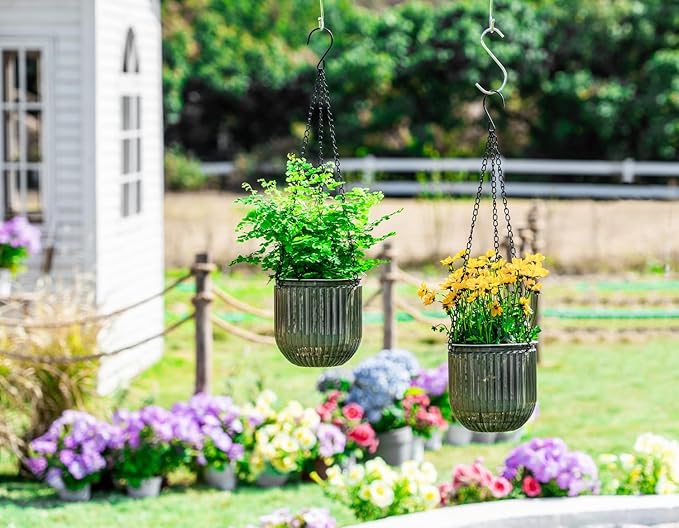 Melphoe 2 Pack Self Watering Hanging Planters Indoor Flower Pots, 5.3 Inch Outdoor Hanging Basket, Plant Hanger with 3Hooks Drainage Holes for Garden Home (Gray) Melphoe