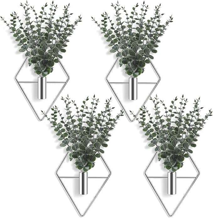 Jexine 4 Pcs Hanging Planters with Artificial Eucalyptus Metal Hanging Vase Indoor Plants Holder Modern Geometric Boho Bathroom Wall Decor for Living Room Home Office (Eucalyptus,Silver) Jexine