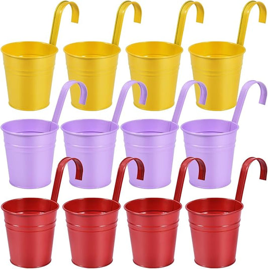 OBTANIM 12 Pack Metal Hanging Flower Pots Railing Planter Outdoor Fence Hanging Bucket Plant Holder with Detachable Hooks Drain Holes for Home Garden Yard Decor (Yellow Purple Red, 4 x 4 Inch) OBTANIM