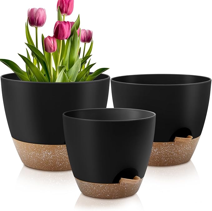 Plant Pots 12/10/9 Inch Self Watering Pots, Set of 3 Plastic Planters with Drainage Holes and Saucers,Plastic Flower Pots,Nursery Planting Pot for Indoor Out Door Plants(Black) QRRICA