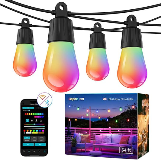 Lepro ZB1 AI Smart Outdoor String Lights APP Control, 54(42+12) ft RGB+IC+Warm White Outdoor Lights 15 LED Bulbs, Alexa Google Home Enable, AI Generated Lighting LLM, NO Remote 2.4 GHz WiFi+Bluetooth Lepro