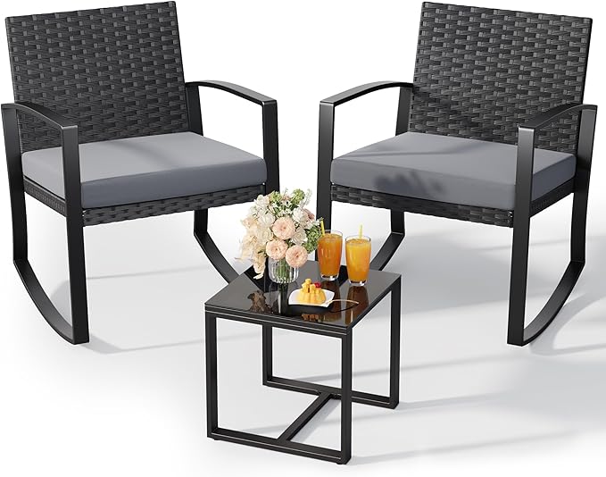 3 Pieces Outdoor Patio Furniture Set Rocking Bistro Set Outdoor Rattan Conversation with Coffee Table for Garden Balcony Backyard Poolside (Grey Cushion) Qsun