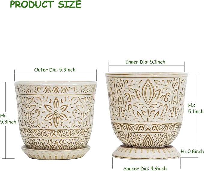 Gepege 6 Inch White Ceramic Planter, Plant Pot with Drainage Holes and Saucers for Indoor Plants, Birthday for Women Mom Gepege