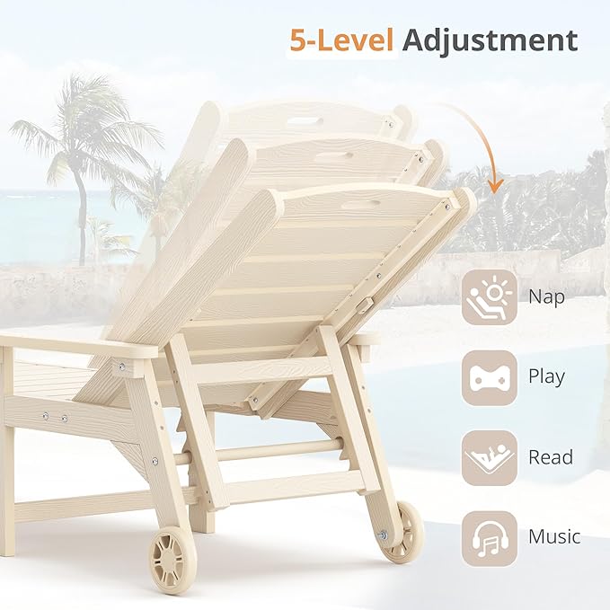 LUE BONA Outdoor Chaise Lounge, HDPS Chaise Lounger, 5 Positions Adjustable Lounge Chairs, Pool Lounge Chair with Wheels for Poolside, Backyard, Sand LUEBONA