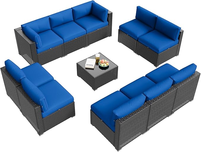 Aoxun Patio Furniture Set, 11 Piece Outdoor Sectional Sofas with Waterproof Cover, 10 Seats Wicker Rattan Outdoor Furniture Patio Conversation Set for Backyard, Garden Navy Blue Aoxun