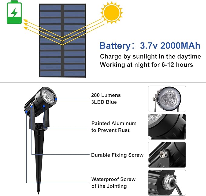 Blue Solar Spot Lights Outdoor,2 Pack Solar Landscape Spotlights IP65 Waterproof 9.8ft Cable, Auto On/Off Outdoor Wall Lights for Garden Yard Driveway Porch Walkway Pool (1-in-1) CREPOW