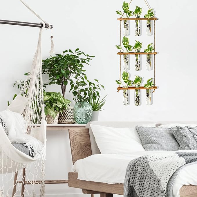 XXXFLOWER Wall Hanging Propagation Station with Wooden Stand Glass Test Tubes Tiered Planters Wall Terrarium for Home Office Plant Hanger Flower Vases Wall Decor Hydroponic Cuttings (9 Tube Vases) XXXFLOWER