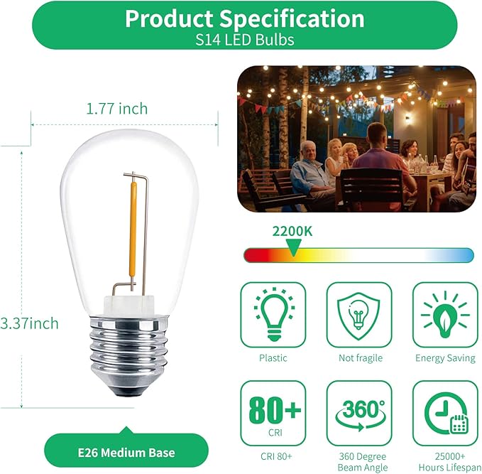 Meconard 48 Pack S14 LED String Light Bulbs, 1 Watt Shatterproof Replacement Bulbs for Patio Outdoor Sting Lights, E26 Medium Screw Base, Warm White 2200K, Non-Dimmable Meconard