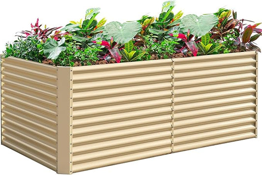 Land Guard 8x4x3ft Rectangular Galvanized Raised Garden Beds, Large-Capacity Metal Planter Box Outdoor, Durable Deep Raised Garden Bed 3ft Tall, Raised Beds for Gardening Vegetables, Cream Yellow LandGuard