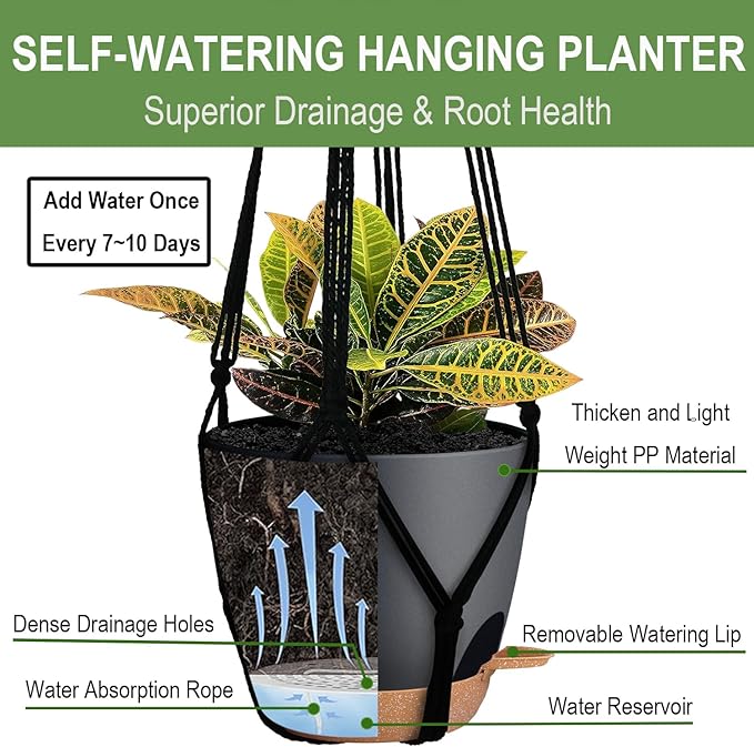 3 Pack Self Watering Hanging Planters Macrame Plant Hangers with Indoor Flower Pots, 3 Different Size Hanging Basket, Plant Hanger with Hooks for Garden Home Decor Black Bouqlife
