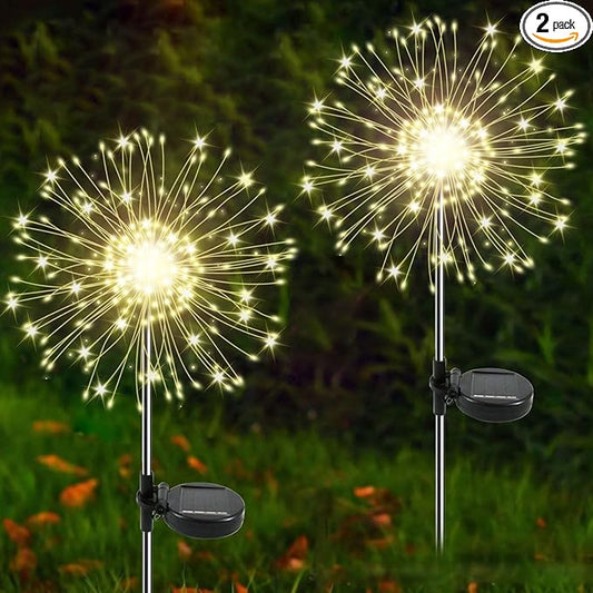 Solar Garden Lights Outdoor, 2 Pack 120 LED Twinkling Firework Lights Decorative with 2 Modes, Outdoor Waterproof Solar Starburst Light for Outside Yard Pathway Garden Decor, Warm White Yaafen