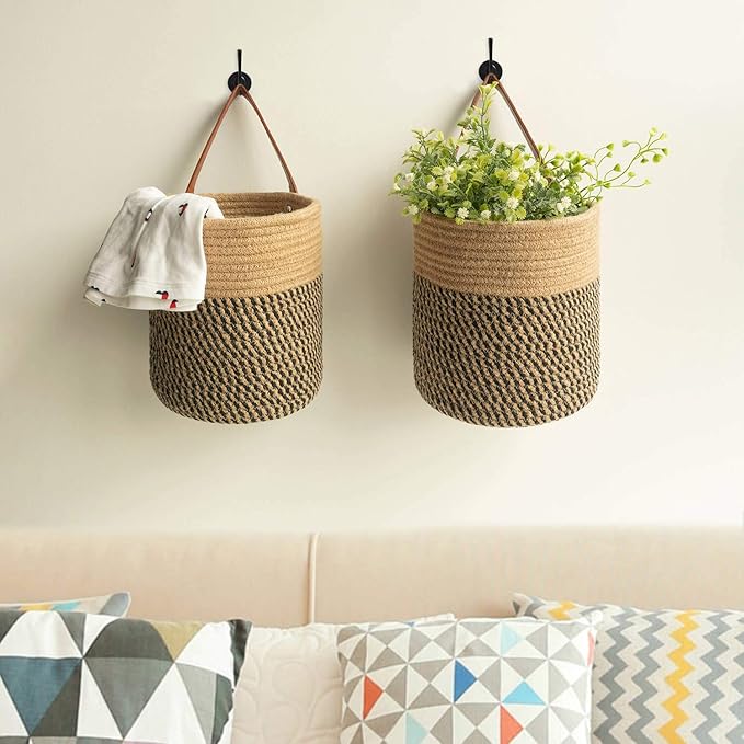 Goodpick 2pack Jute Rope Hanging Basket - 7.87" x 7" Small Woven Fern Wall Hanging Basket Flower Plants, Woven Storage, Black and Jute Goodpick