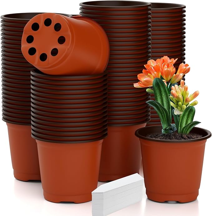 Nursery Pots 100 PCS 4 Inch Plant Pots with 100 Labels, Planting Pot for Plants Indoor Outdoor, Plastic Flower Pot for Seedlings Transplanting Small Plants Growing Cidenbio