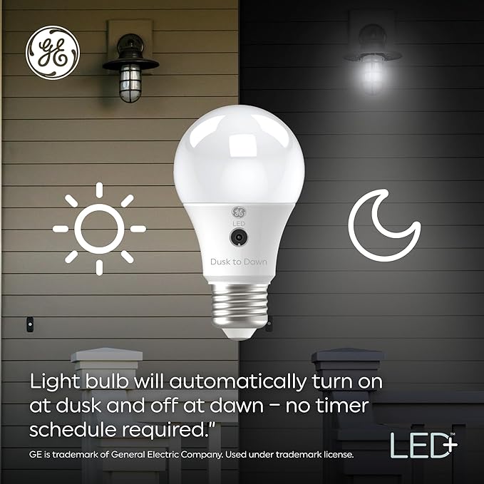 GE LED+ Dusk to Dawn A19 LED Light Bulbs, Automatic On/Off Outdoor Light, Daylight, 8.5W (3 Pack) GELighting