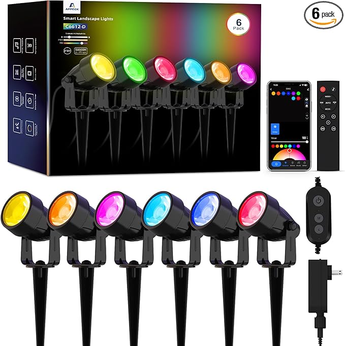 APPECK Landscape Lighting, RGBW Color Changing Low Voltage Landscape Lights with APP Control, IP65 Waterproof Outdoor Spotlights for Garden Yard Outside Decoration, 6 Pack APPECK