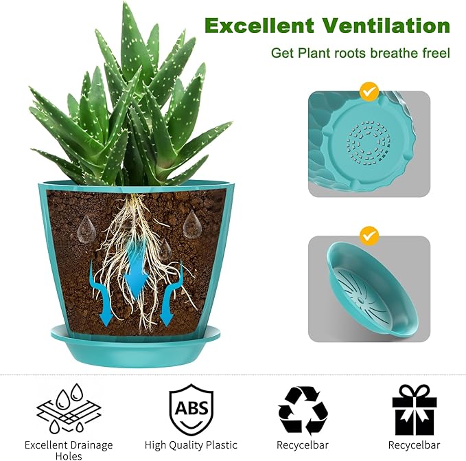 6 Pack 7 Inch Indoor Plant Pots with Drainage Holes, Outdoor Plastic Decorative Flower Pots, Garden Planters with Tray Saucers for Orchids, Violets, Succulents, Herbs, and Other Plants Rootora