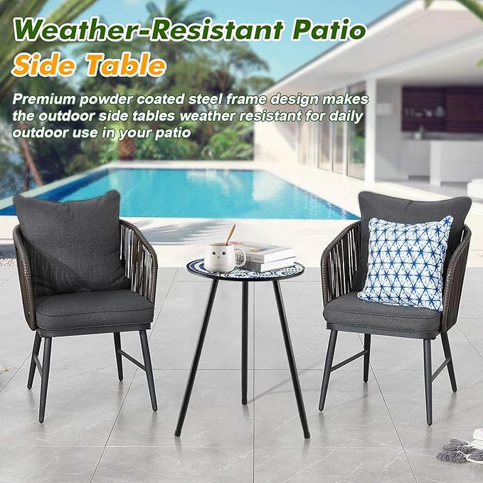 1 Pack Metal Outdoor Side Table Small Outside Round End Table for Patio Modern Accent Garden Corner Table for Small Spaces, Balcony, Porch, Weather-Resistant, Plant Stand Indoor, Round Mosaic PartyZealot