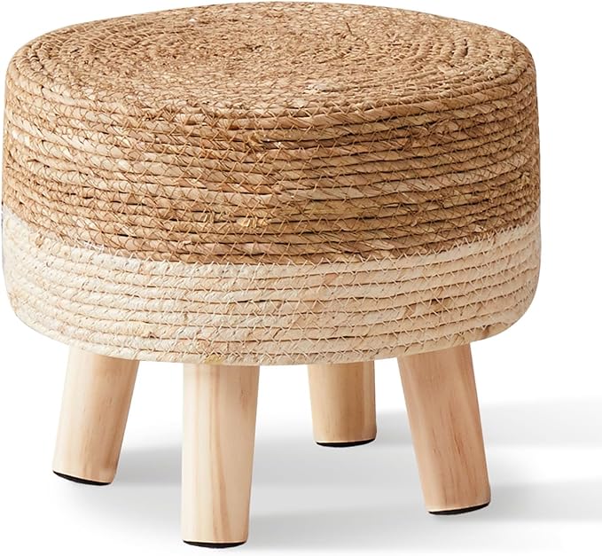 Cpintltr Foot Stool Natural Seagrass Hand Weave Poufs Round Ottoman for Couch Desk Soft Step Stool Padded Foot Rest with Non-Skid Pine Legs for Hallway Office Lounge Natural/White CpintltrFruniture