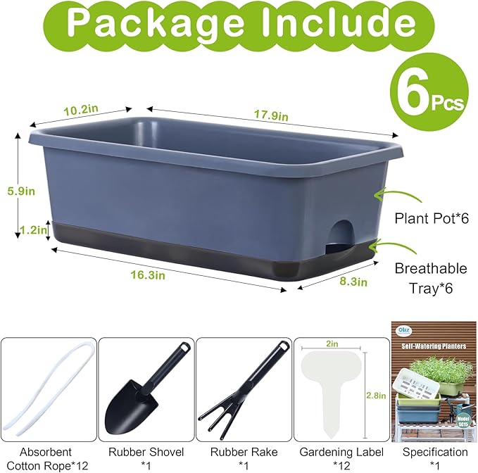 Window Box Planter 6 Pcs, 18 Inches Rectangle Flower Pots with Drainage Holes and Trays, Vegetable Planters for Windowsill Patio Garden Balcony Home Porch Yard Indoor Outdoor (Grey, 18*10*6 inch) Oliz